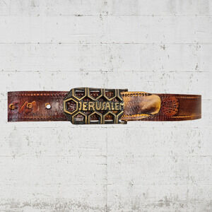 Vintage Jerusalem Pilgrim Tab Brown Embossed Leather Carved Brass Buckle Belt